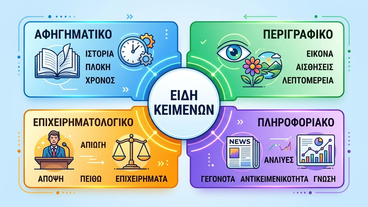 Είδη Κειμένων: Αφηγηματικό, Περιγραφικό, Επιχειρηματολογικό, Πληροφοριακό