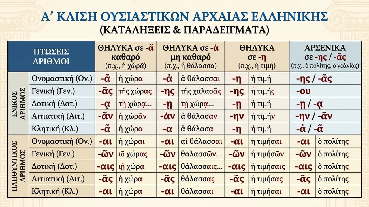 Η Α' Κλίση Ουσιαστικών στην Αρχαία Ελληνική: Πλήρης Οδηγός Κλίσης