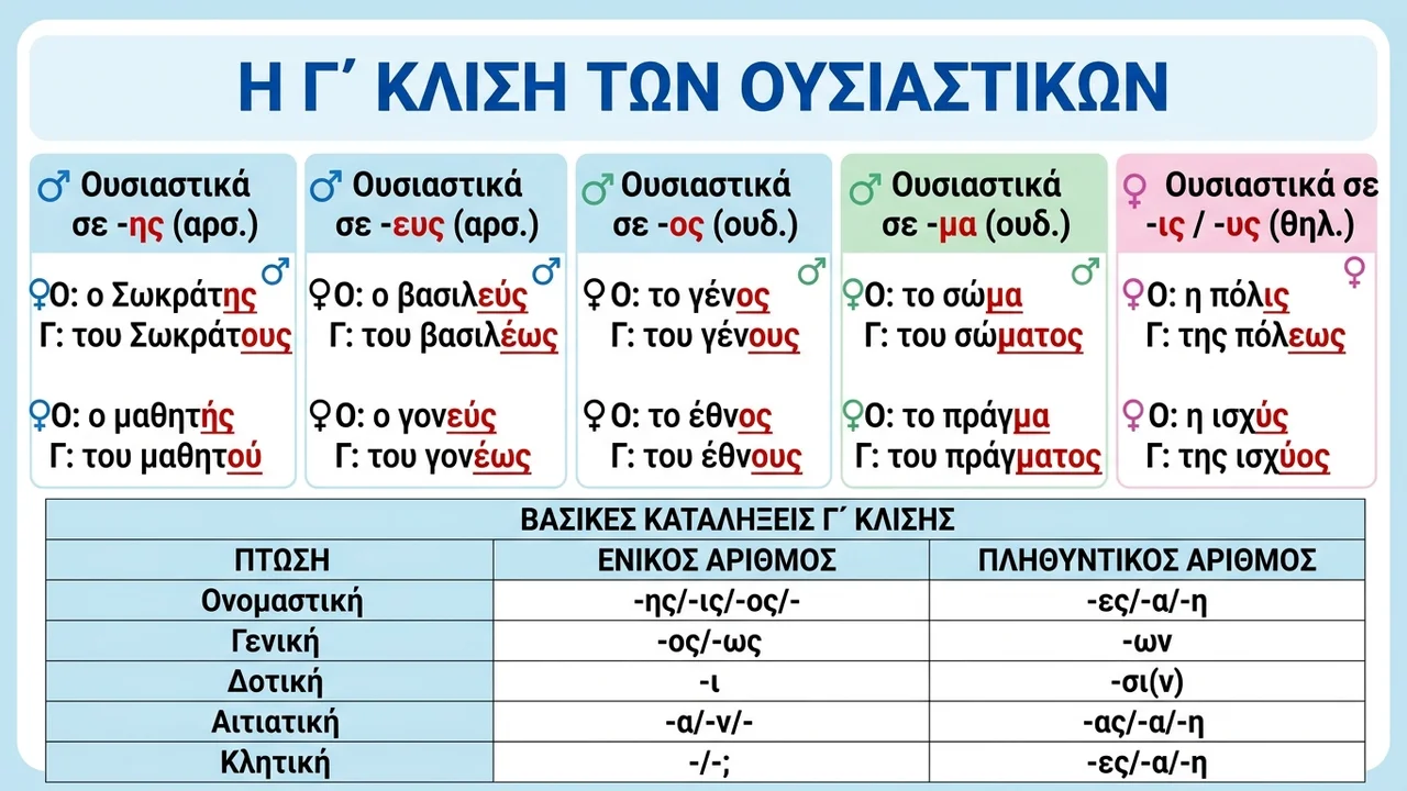 Κλίση Ουσιαστικών Γ' Κλίσης: Οδηγός για Μαθητές