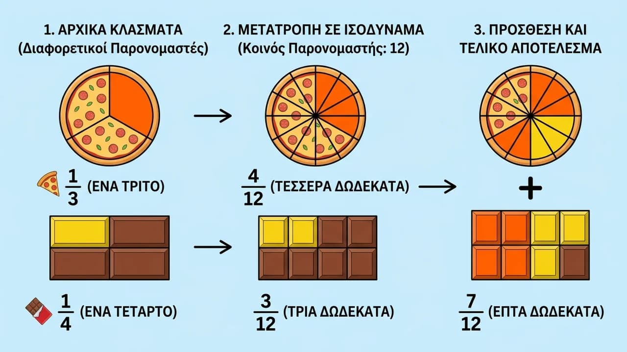 Πρόσθεση και Αφαίρεση Κλασμάτων με Διαφορετικό Παρονομαστή