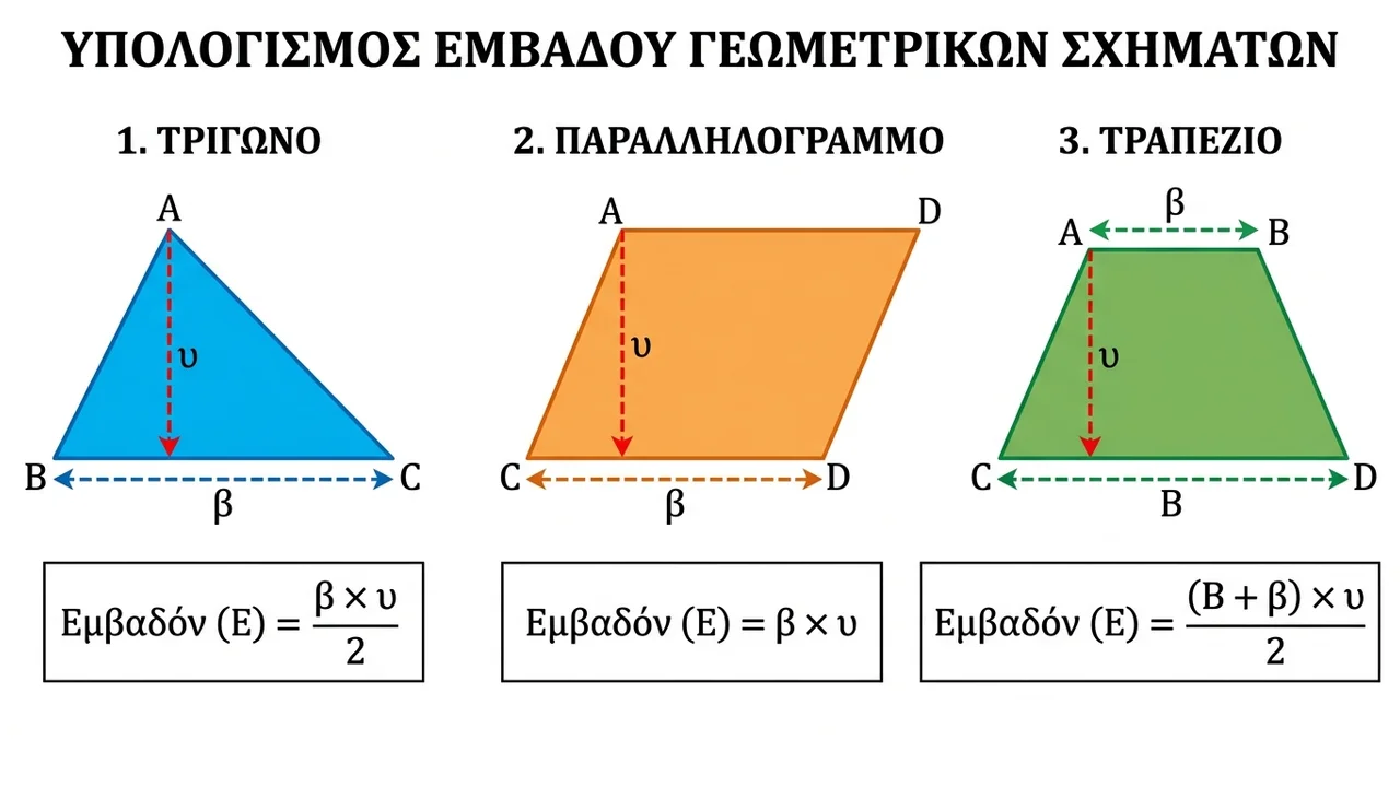 Υπολογισμός Εμβαδού: Τρίγωνο, Παραλληλόγραμμο, Τραπέζιο