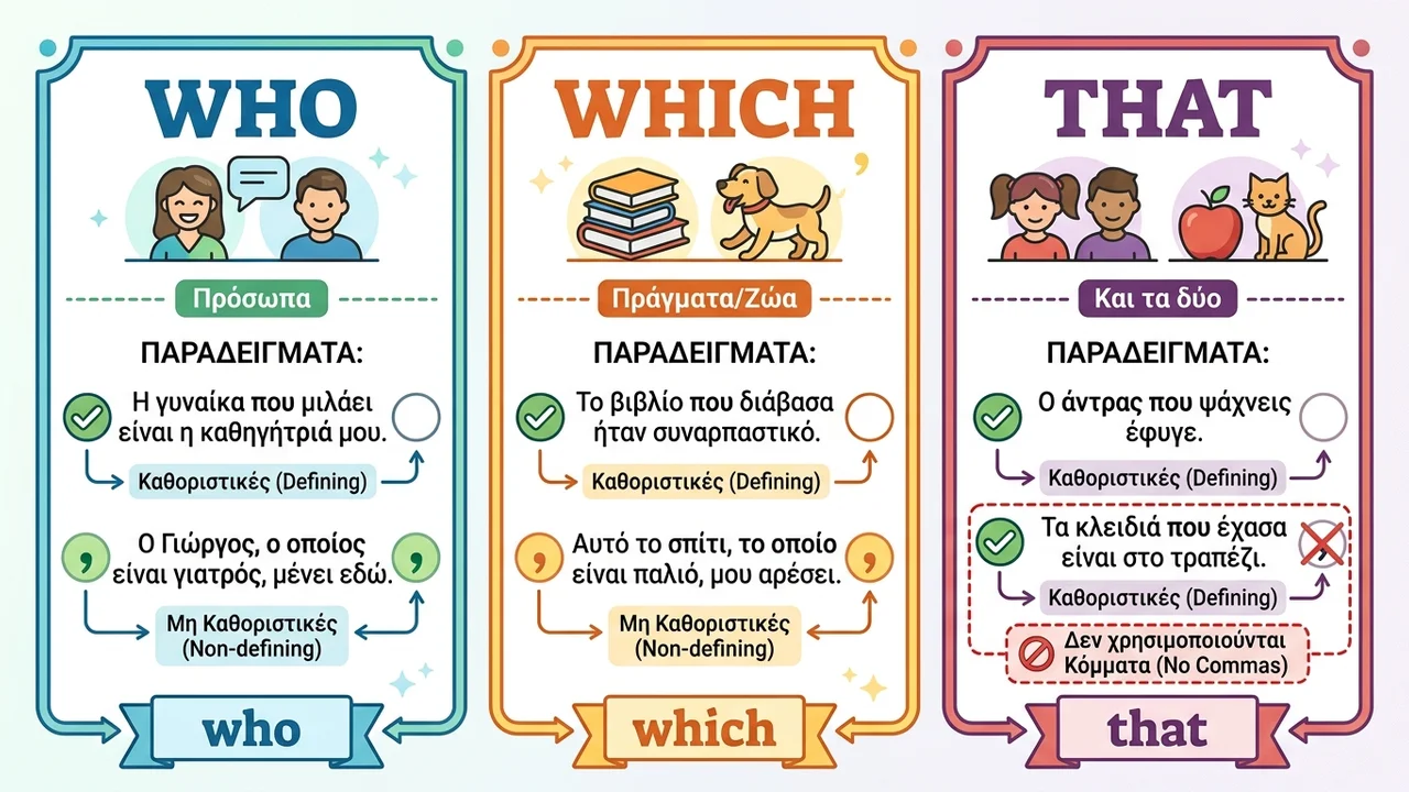 Who, Which, That: Διαφορές σε Αναφορικές Προτάσεις